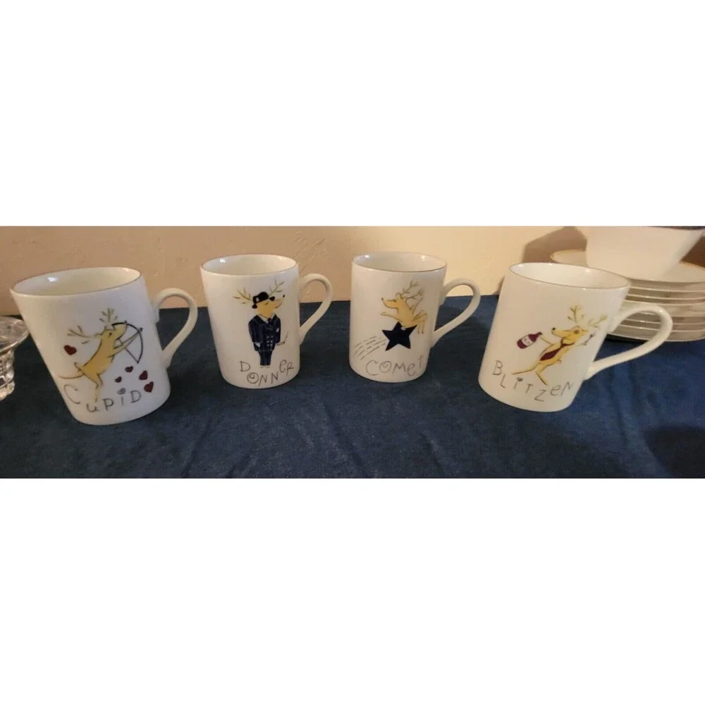 Set Of 4 Pottery Barn Reindeer Coffee Mugs Comet Cupid Donner Blitzen